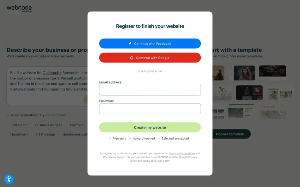 Webnode's sign-up window with email and password fields