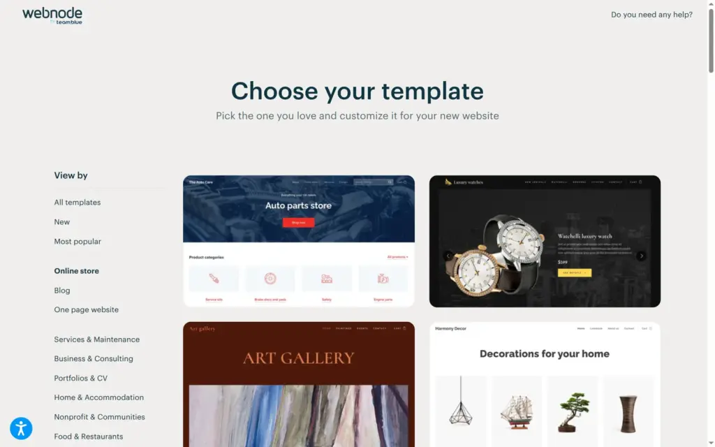 Webnode's online store templates after the sign-up