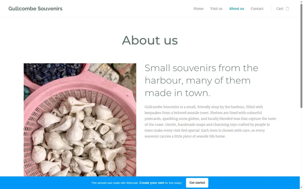 The About us page with a seashell photo and AI-written text