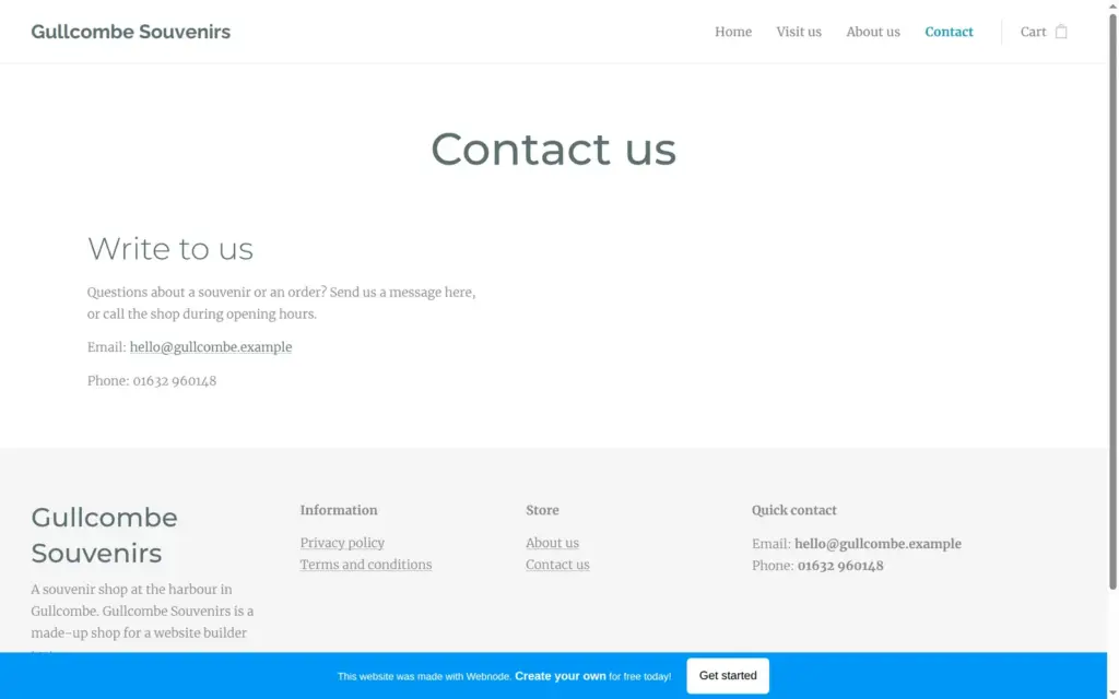 The contact page of the demo shop without a contact form