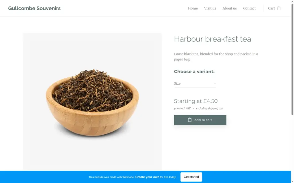 A product page for breakfast tea with a size menu
