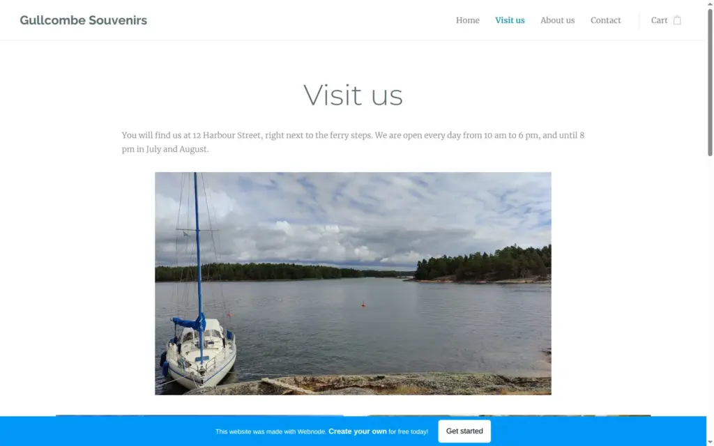 The Visit us page with the opening hours and a harbor photo
