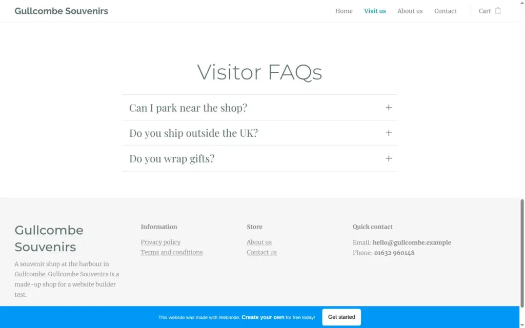 A FAQ section for visitors on the Visit us page