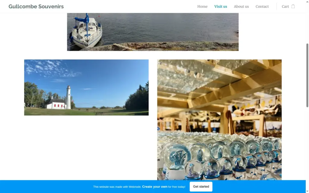 Photos of a lighthouse and snow globes on the Visit us page