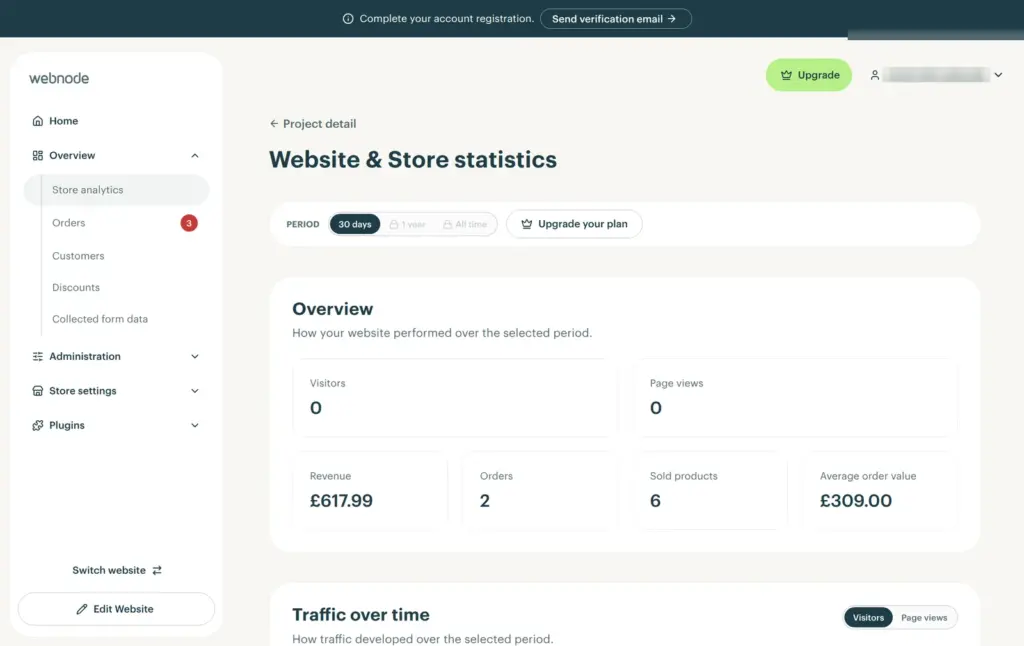 Webnode's statistics on the free plan, counting the sample orders
