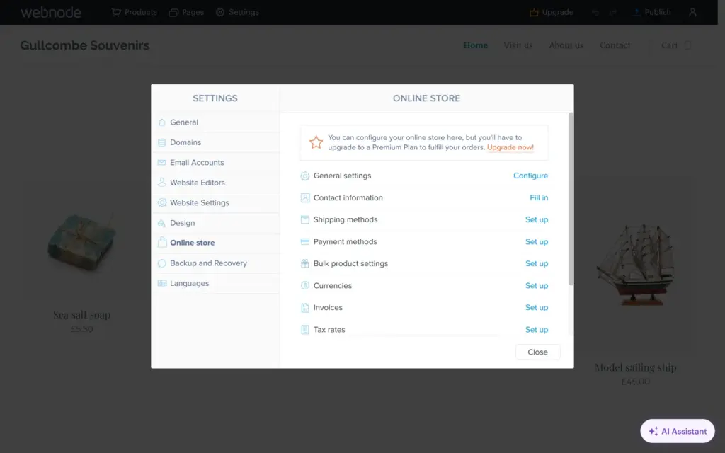 Webnode's online store settings with a note that orders need a paid plan