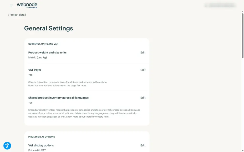 Webnode's general shop settings for VAT and prices