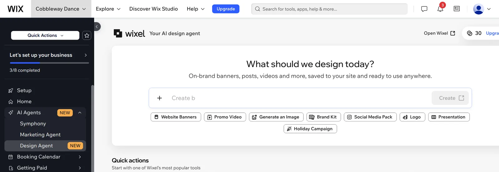 Wix dashboard with the Design Agent and a counter that shows 30 AI credits