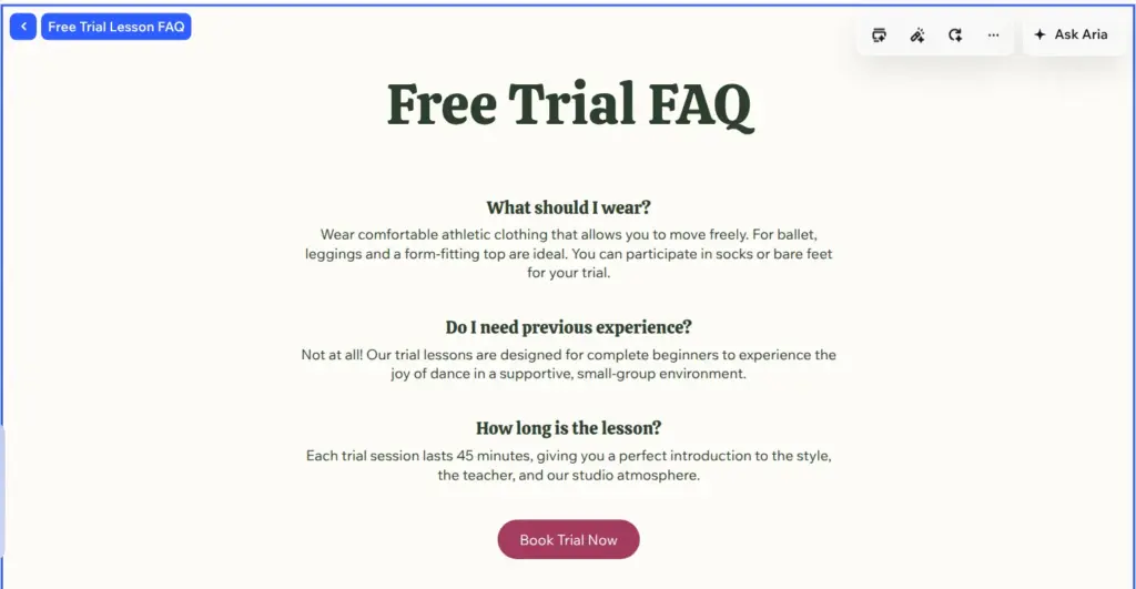 Free Trial FAQ section that Aria added to the dance school home page