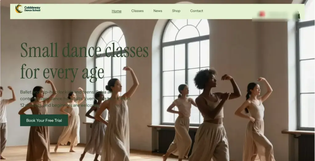 Dance school home page after Aria's style refresh, with a new photo and new fonts