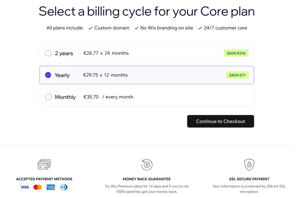 Wix page to select a billing cycle for the Core plan: two years, yearly or monthly