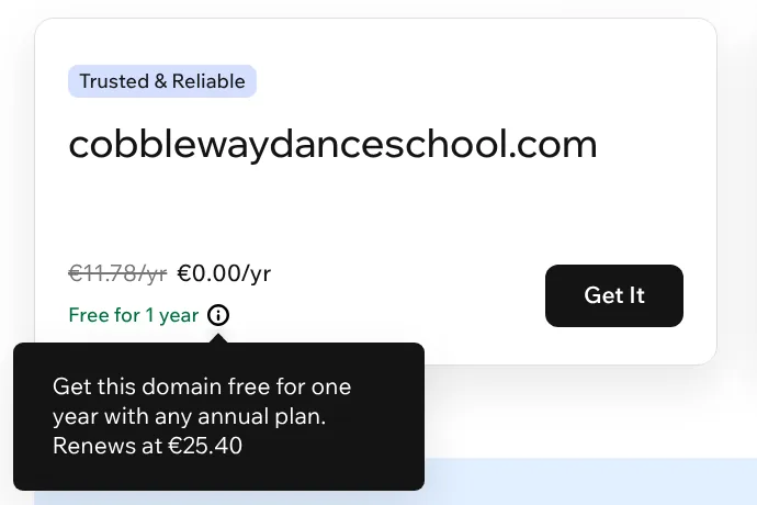 Wix domain suggestion free for the first year, with a tooltip that says it renews at 25.40 euros