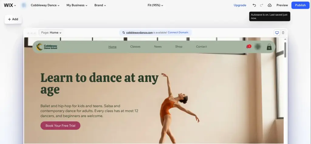 Wix Harmony editor with a new heading and the autosave note next to Preview