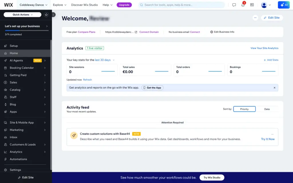 Wix site dashboard with the Edit Site button at the top right
