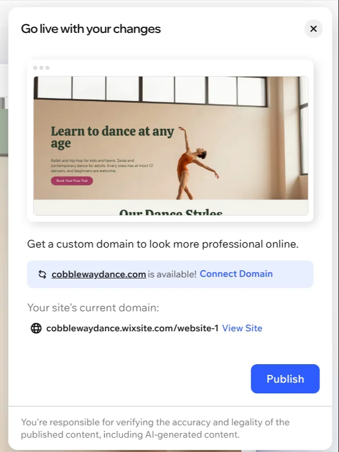 Wix panel Go live with your changes with a preview of the page and a domain offer