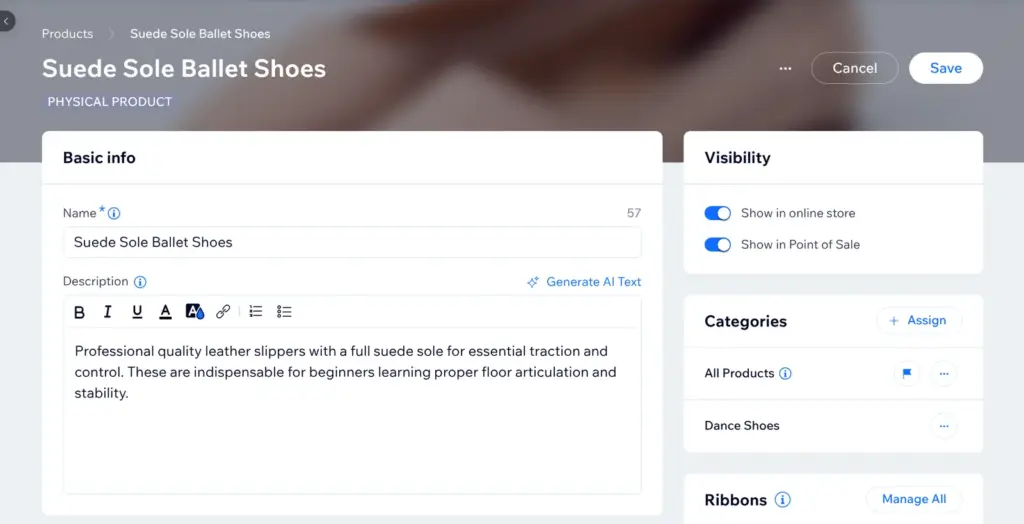 Wix dashboard product page with the product renamed to Suede Sole Ballet Shoes