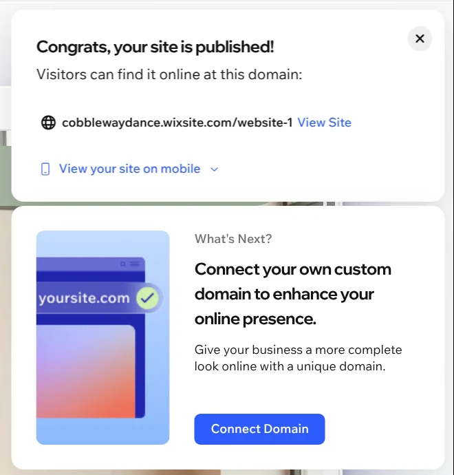 Wix message Congrats, your site is published with the free wixsite.com address