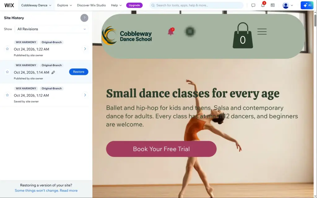 Wix Site History with an earlier version selected and a Restore button