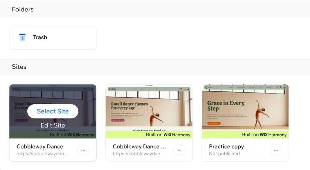 Wix list of sites with Select Site and Edit Site on a site card