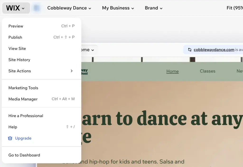 Wix menu in the editor with Preview, Publish, View Site and Site History