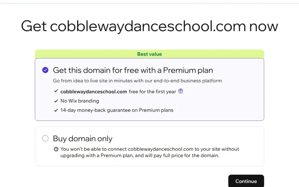 Wix warning that a domain bought on its own can't be connected without a premium plan