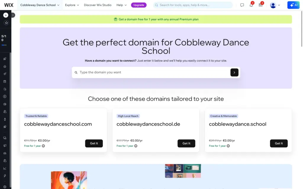 Wix domain suggestions for a dance school site with yearly prices and a free first year with a premium plan