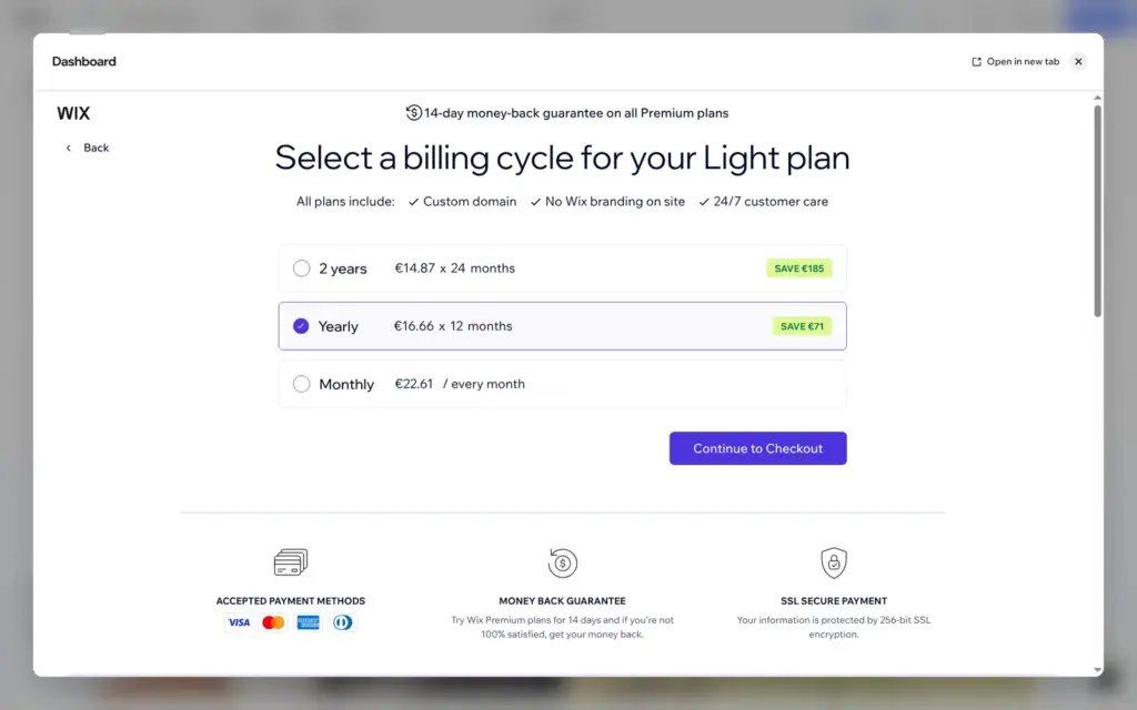 Wix billing options for the Light plan: two years, yearly and monthly