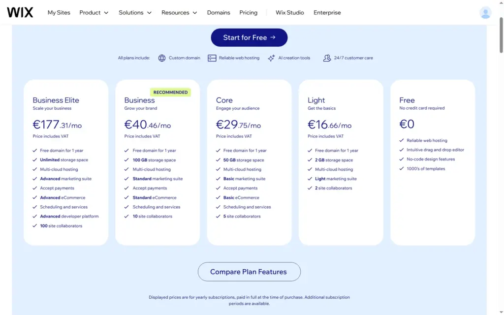 Wix's plans page with the free plan for €0 next to Light, Core, Business and Business Elite