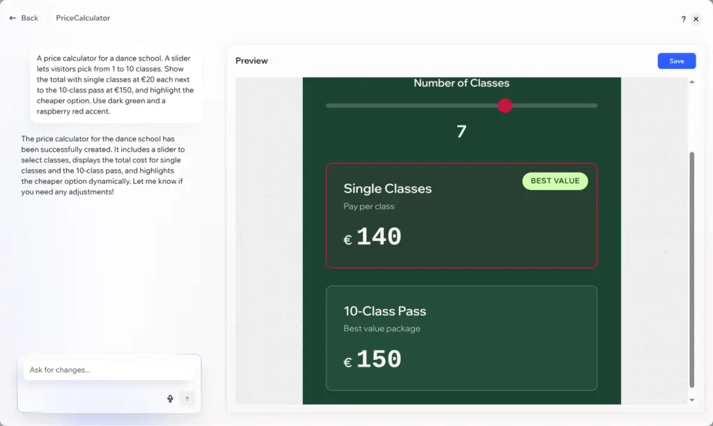 Generated price calculator at seven classes, with single classes at €140 marked as best value and the 10-class pass at €150