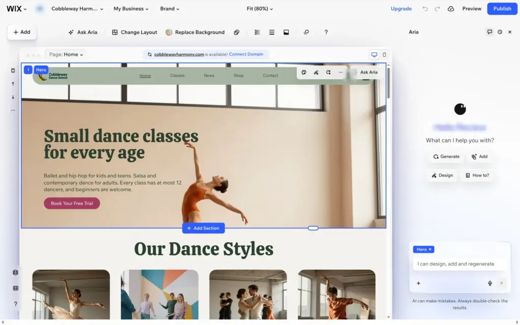 The Wix Harmony editor with the page in the middle, the tools at the top and Aria's chat on the right