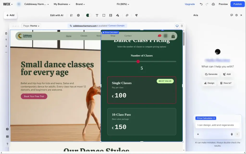 The generated price calculator on the dance school home page in the Wix Harmony editor, large and under the site menu