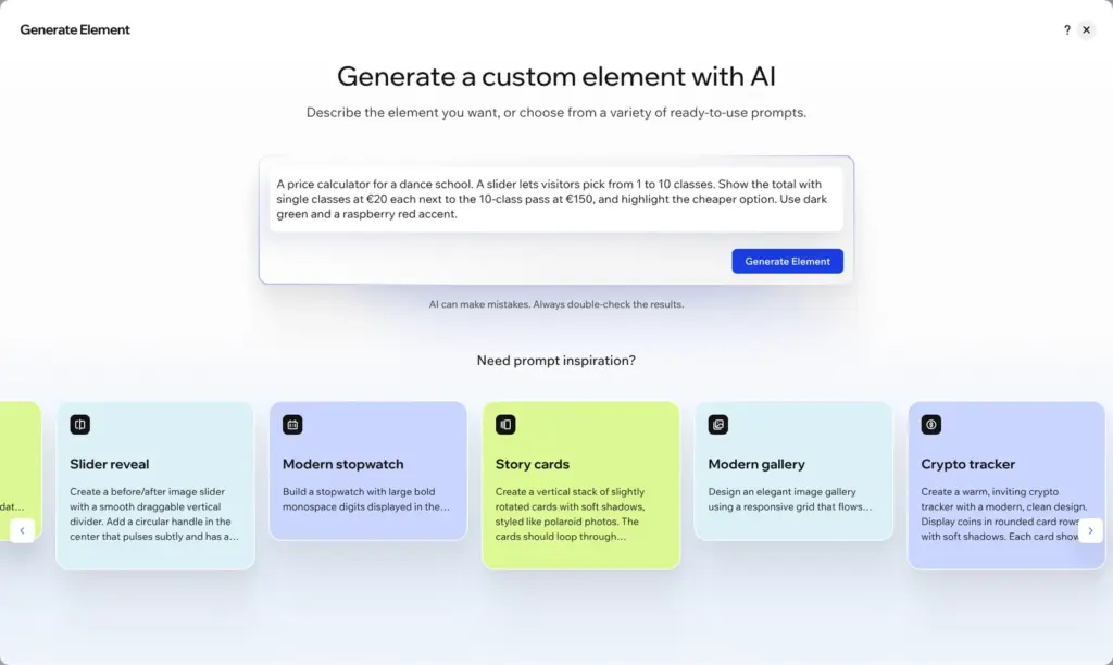 Generate Element window in Wix Harmony with a description of a price calculator for a dance school