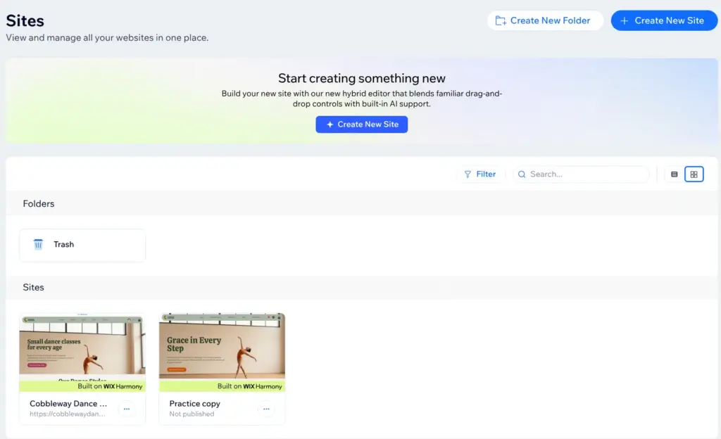 Wix list of sites where the site cards say Built on Wix Harmony