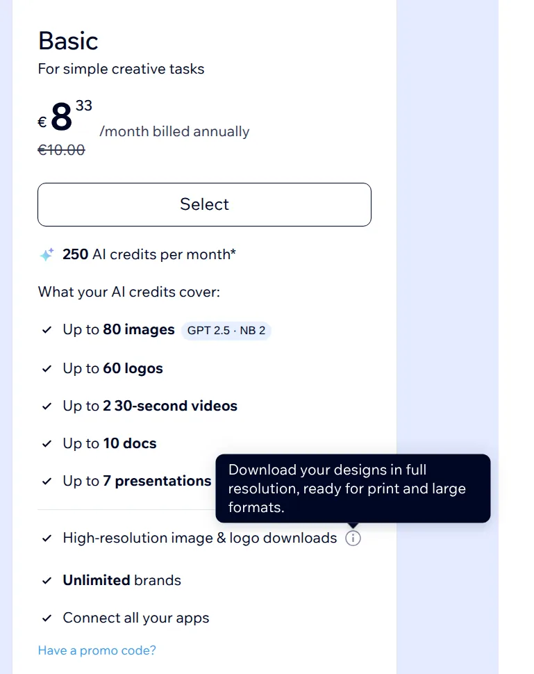 Wixel Basic plan with the tooltip on high-resolution downloads