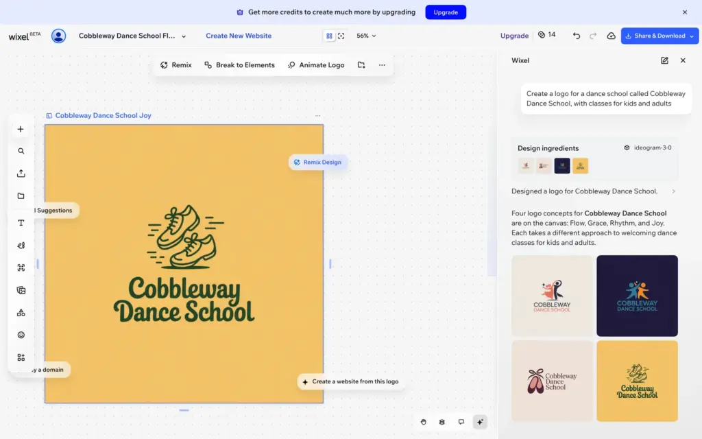 Four AI logo ideas for Cobbleway Dance School in the Wixel editor