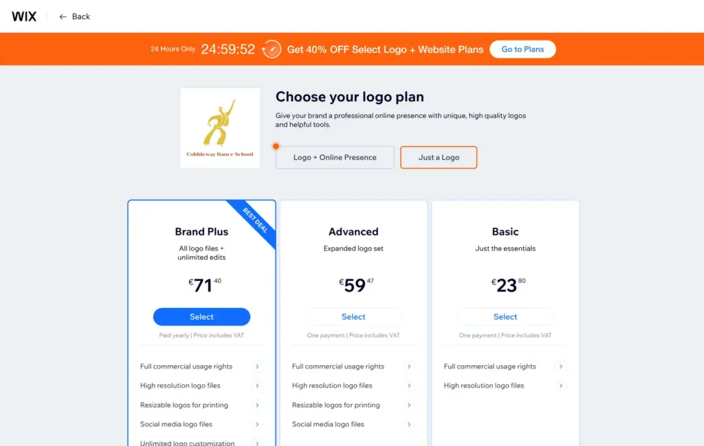 Wix Logo Maker packages Brand Plus, Advanced and Basic with euro prices