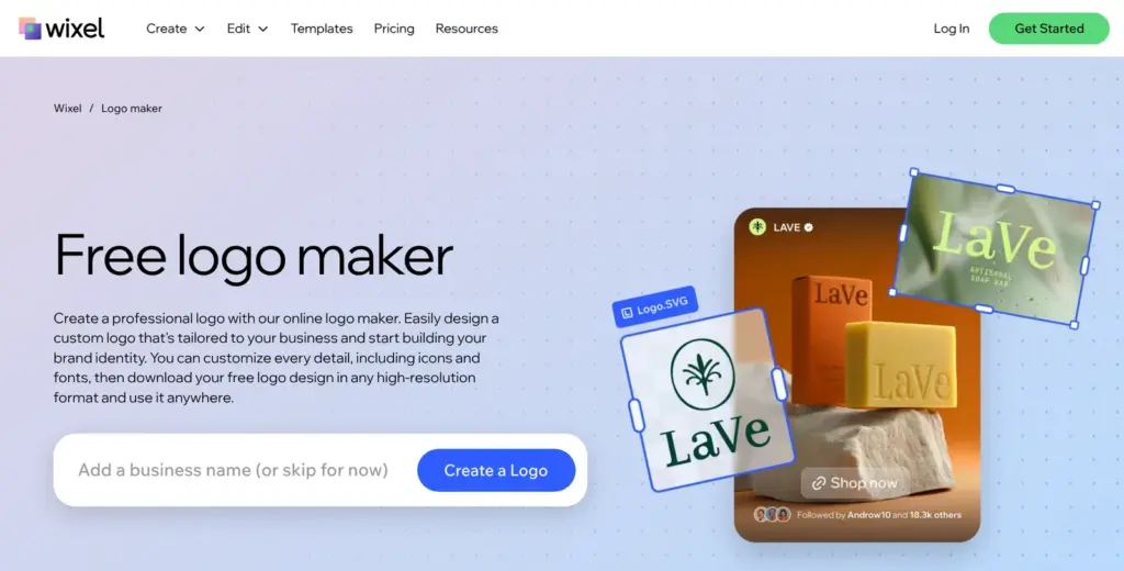 Wixel page called Free logo maker at wix.com/logo/maker, with a field for the business name