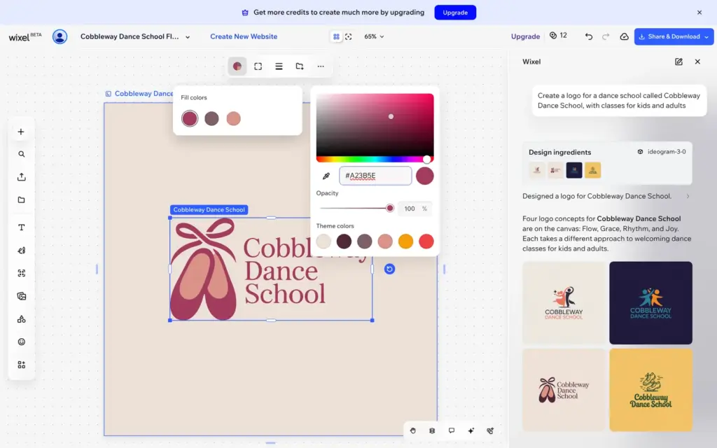 Editable copy of the ballet shoes logo, recolored by hand in raspberry in Wixel