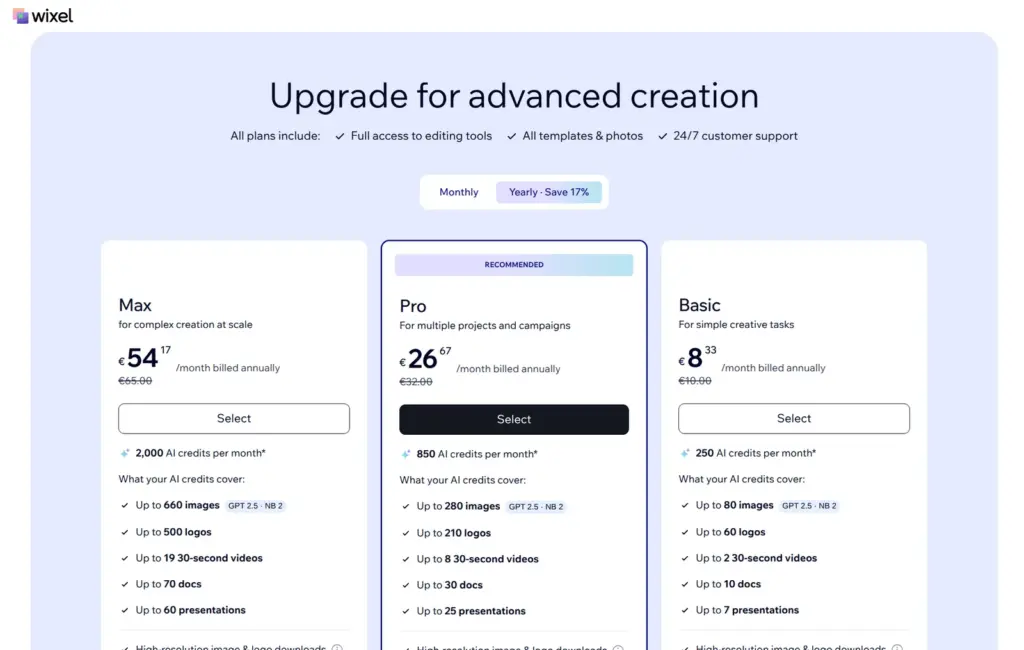 Wixel plans Max, Pro and Basic with euro prices and AI credits per month