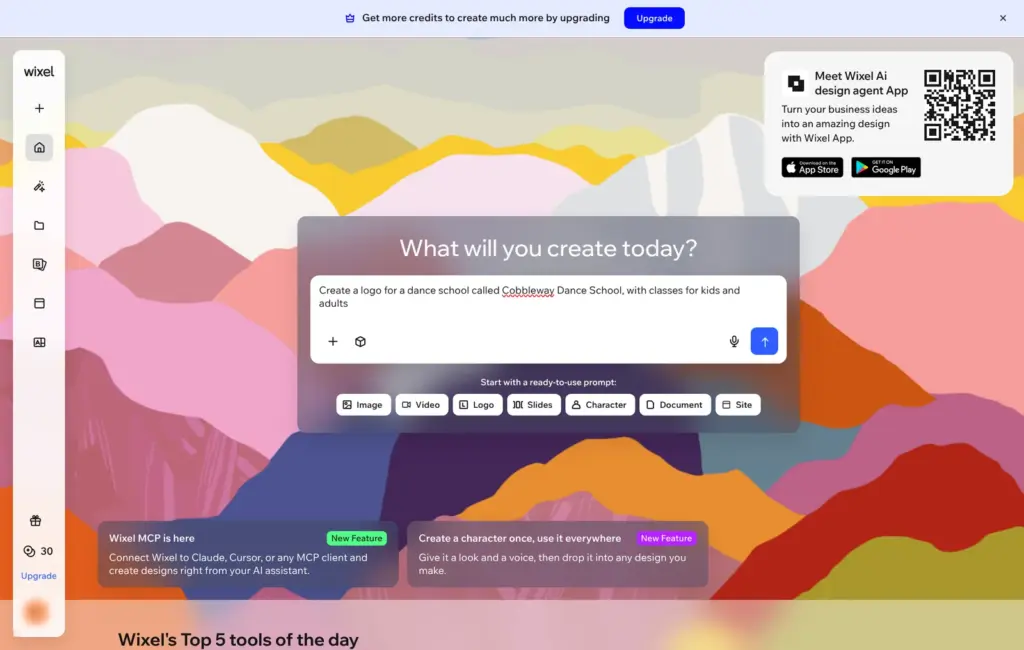 Wixel home page with a prompt for a dance school logo and 30 AI credits in the sidebar