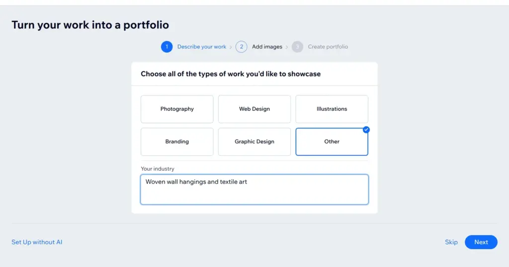 First step of the Wix Portfolio AI setup with Other picked and woven wall hangings and textile art typed in