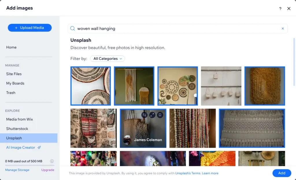 Wix media library with six free Unsplash photos of textile work picked for the portfolio