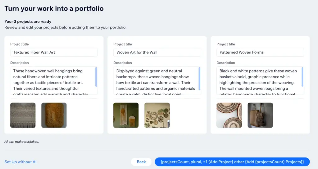 Three portfolio projects that the Wix AI made from six photos, each with a title and a description