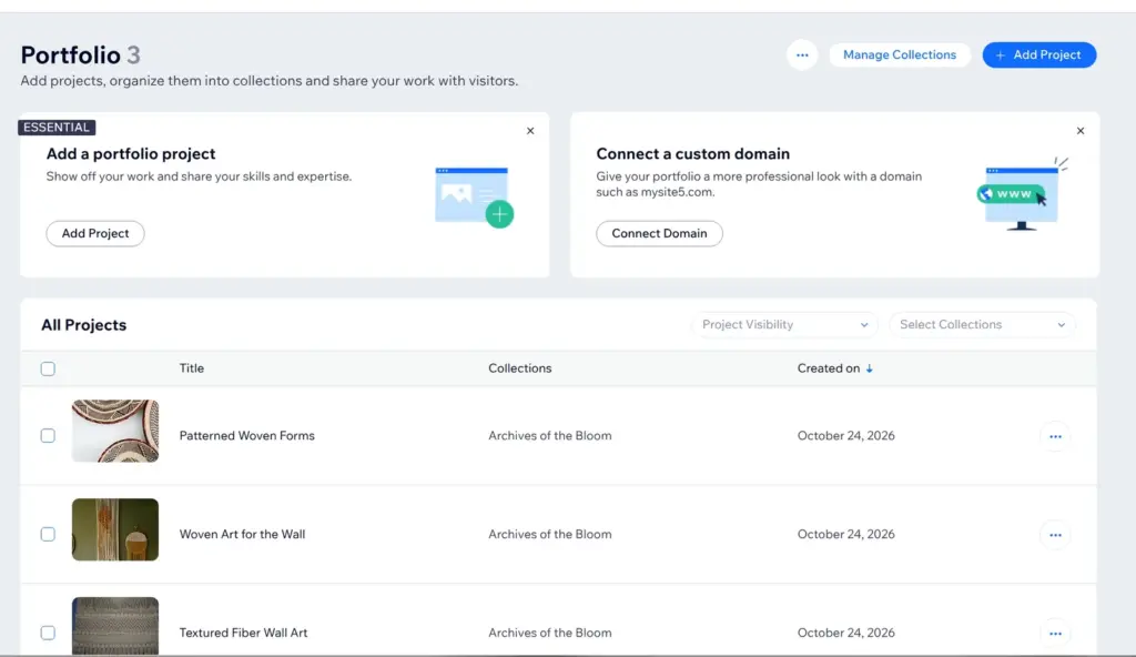 Portfolio page in the Wix dashboard with the three new projects in the collection Archives of the Bloom