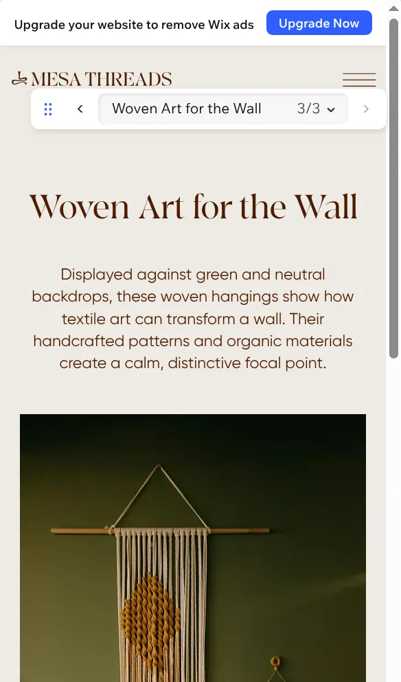 Project page Woven Art for the Wall at phone width in the Wix preview