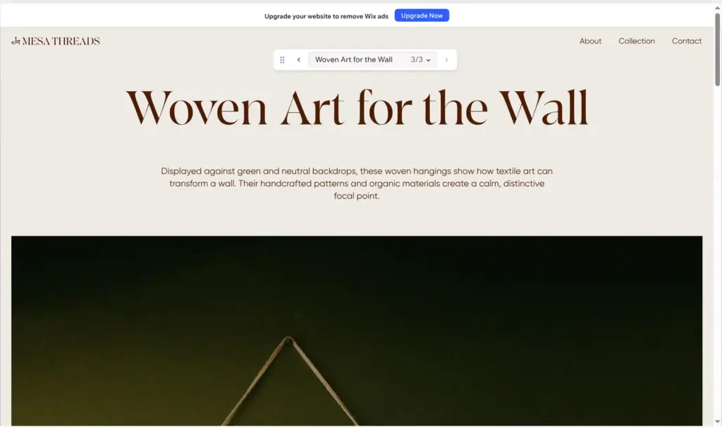 Project page Woven Art for the Wall in the Wix preview with its title and description