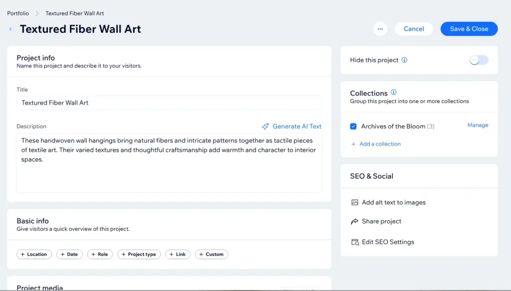 Wix dashboard editor of the project Textured Fiber Wall Art with its title and the description from the AI