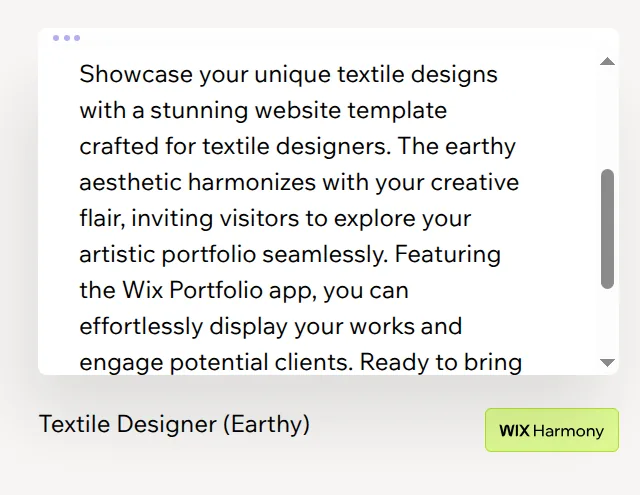 Info text of the Wix template Textile Designer (Earthy), which names the Wix Portfolio app