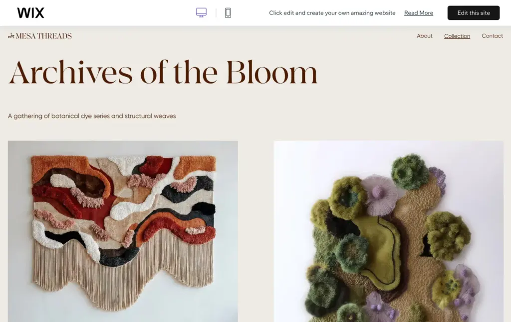 Preview of the Textile Designer (Earthy) template with its portfolio page Archives of the Bloom
