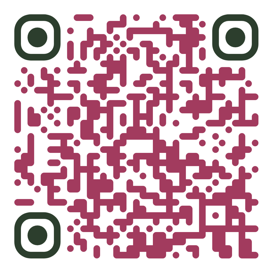 QR code in raspberry red and dark green that opens the Cobbleway Dance School site